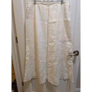 Talbots Irish Linen Beige Floral Embroidered Lined A-Line Midi Skirt 16